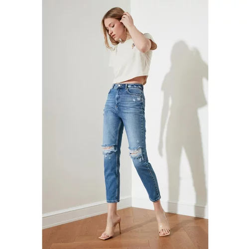 Trendyol Blue Ripped Detailed High Waist Mom Jeans