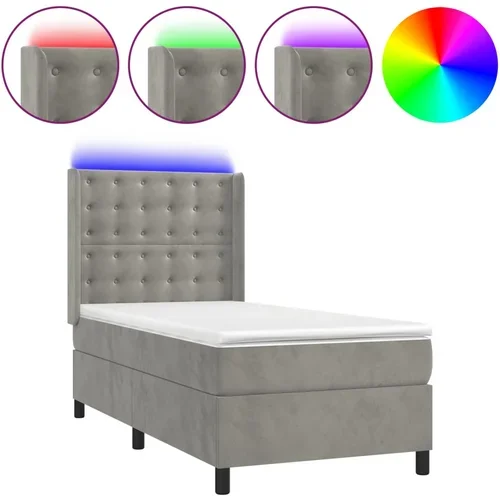 vidaXL Box spring postelja z vzmetnico LED svetlo siva 90x190cm žamet, (20790383)