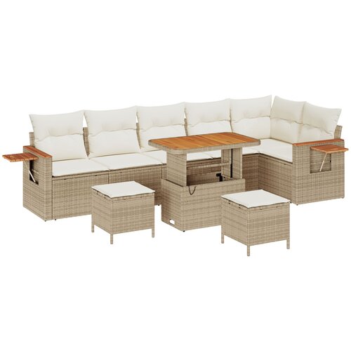 VidaXL 9-dijelni vrtni sofa set s jastučićima Bež Poli ratan Akacija, 3-dijelni vrtni stolni set s jastučićima Bež Poli ratan Akacija Slike