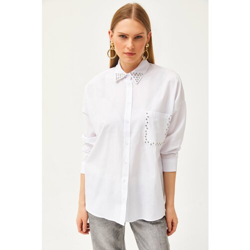 Olalook Women's White Collar and Pocket Stone Woven Shirt Slike