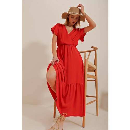 Trend Alaçatı Stili Women's Pomegranate Blossom Double Breasted Neck Maxi Length Crinkle Dress Slike