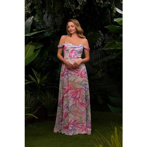 Carmen Pink Chiffon Low Sleeve Long Evening Dress Slike