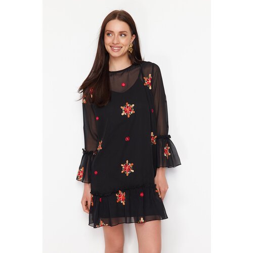 Trendyol Black Floral Shift Chiffon Lined Mini Woven Dress Slike