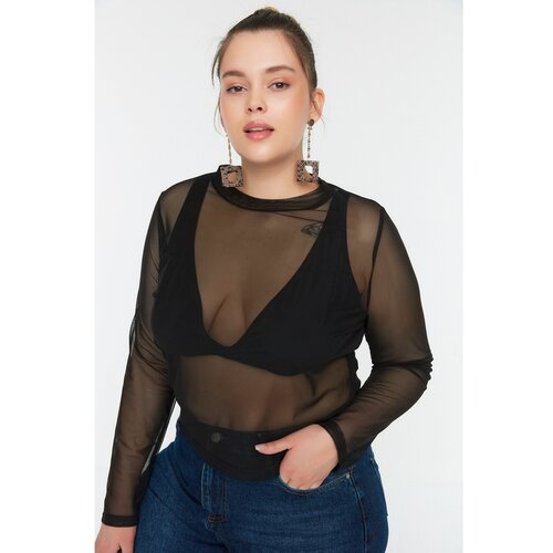 Trendyol Curve Black Knitted Tulle Blouse Slike