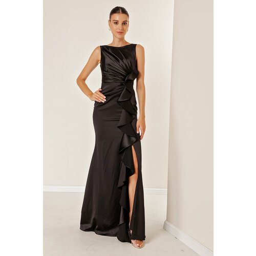 By Saygı Ruffle Lined Long Satin Dress With Drape Black Slike