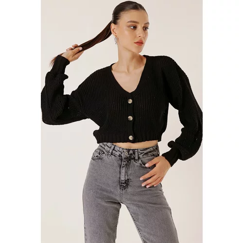 By Saygı Buttoned Front Perforated Sleeves Crop Cardigan