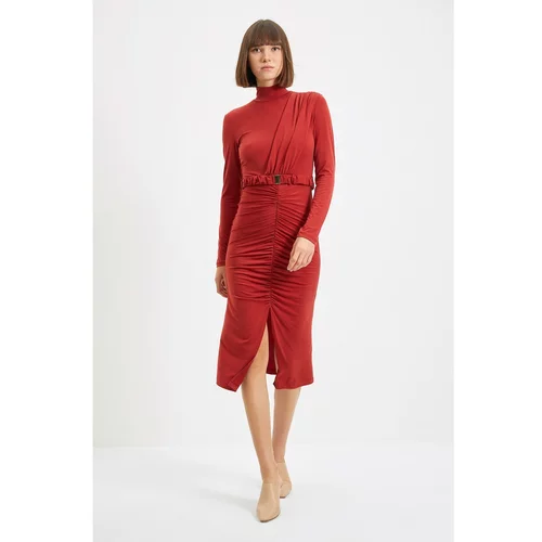 Trendyol Tile Stand Collar Belted Knitted Dress