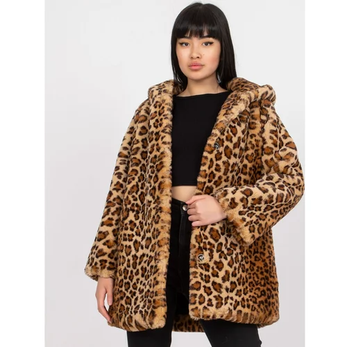 Fashion Hunters Dark beige faux fur coat with a print