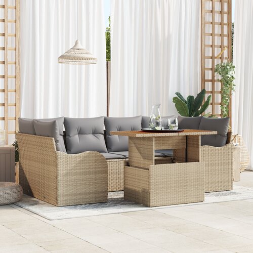 vidaXL 7-delni vrtni sofa set s blazinami bež poli ratan akacija Cene