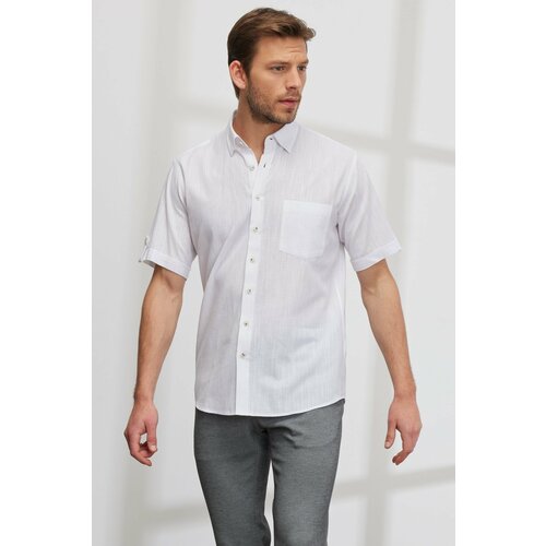 AC&Co / Altınyıldız Classics Men's White Comfort Fit Comfortable Cut, Buttoned Collar Linen-Looking 100% Cotton Short Sleeve Shirt. Slike
