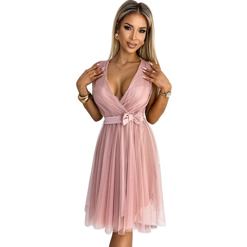 NUMOCO Women's tulle dress with neckline and bow Slike