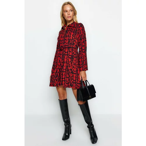 Trendyol Claret Red Crepe/Textured Print Polo Neck Skater/Belt Opening at the Waist Mini Knitted Dress