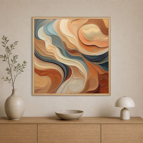 Wallxpert uramljena slika na platnu Cc-K-Ah-1016, apstraktni slojeviti talasi u terakota, krem i plavoj boji, 60 x 60 cm Slike