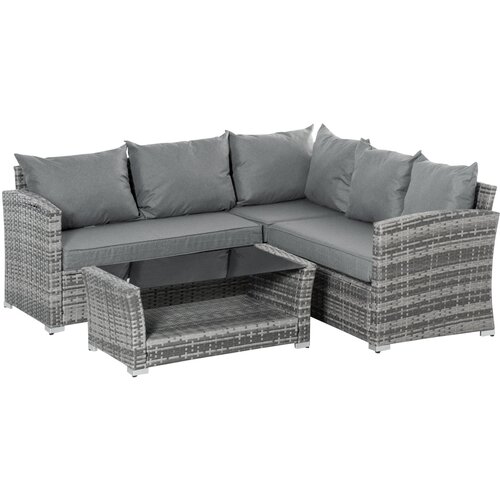 Outsunny 4-delna garnitura vrtnega pohi&amp;scaron;tva iz PE ratana, lounge z vogalnim kavčem in kavno mizico s steklom, oblazinjene blazine s snemljivimi prevlekami, siva, (20754315) Slike