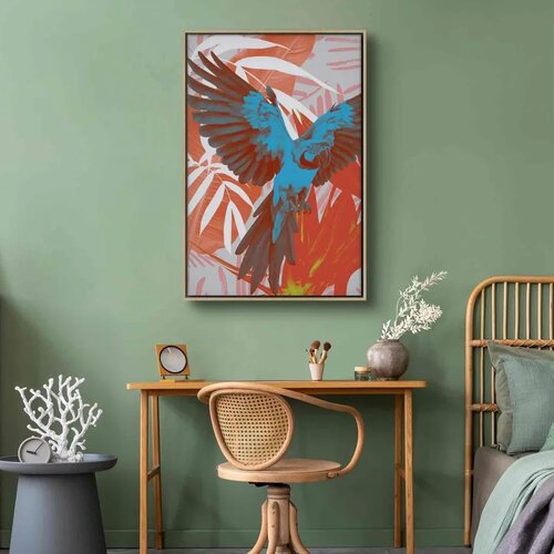  Slika - Exotic Wings - Parrot Among Abstract Leaf Patterns 80x120 U prirodnom drvenom okviru Slike