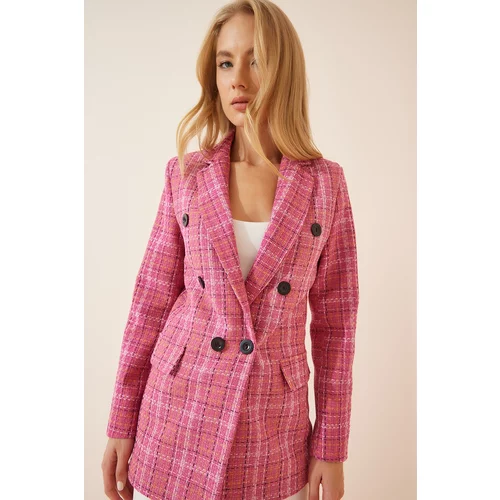 Happiness İstanbul Women's Pink Check Double Breasted Blazer Jacket