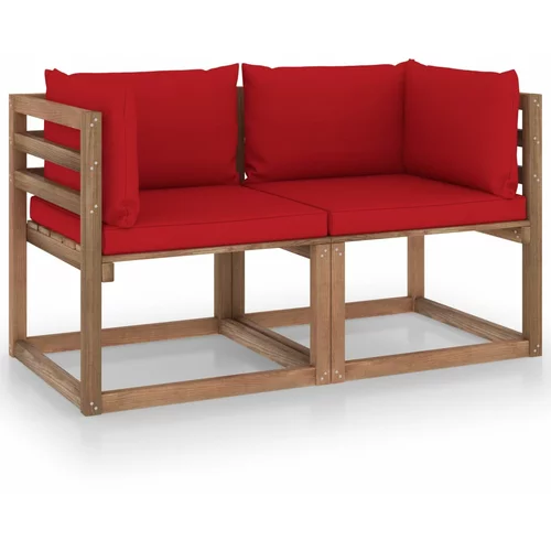 vidaXL Vrtni kavč dvosed iz palet z rdečimi blazinami borovina