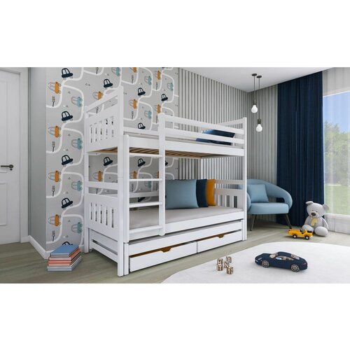 Drveni dečiji krevet na sprat seweryn s tri kreveta i fiokom - beli - 180*80 cm Slike
