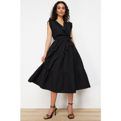 Trendyol Black Belted Floral Pattern A-Line Double Breasted Neck Midi Woven Midi Woven Midi Dress Slike
