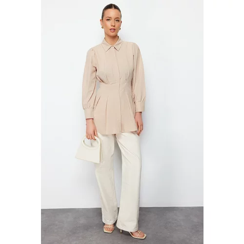 Trendyol Stone Waist Fitted Pearl Detailed Woven Shirt