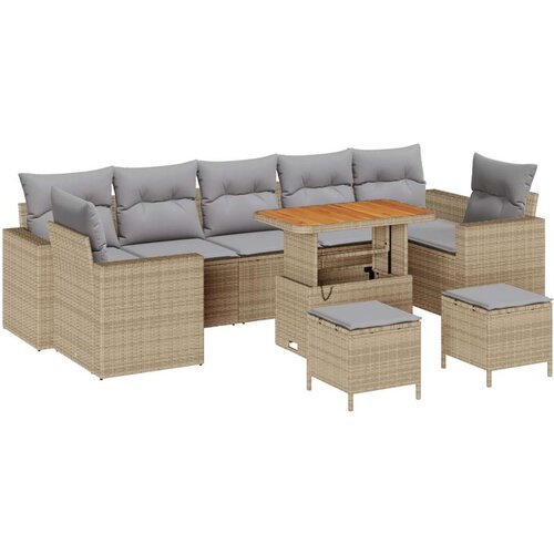  Set vrtnih sofa s jastučićima od bež poliratana i akacije  10 komada  3-dijelni set za objedovanje u vrtu s jastučićima od bež p Cijene
