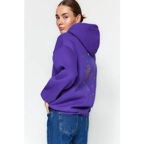 Trendyol Purple Thick Fleece Inside Hoodie. Front and Back Printed Oversized Knitted Sweatshirt