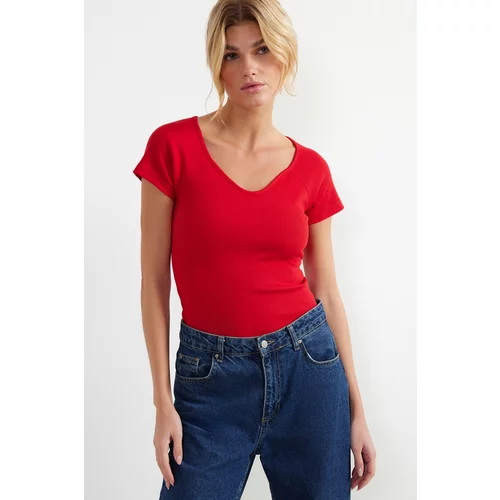 Trendyol Red Fitted Cotton Stretch Knitted Blouse