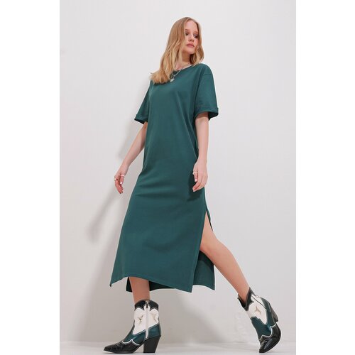 Trend Alaçatı Stili Women's Green Crew Neck Double Sleeve Slit Dress Slike