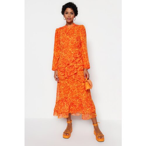 Trendyol Frill Lined Woven Chiffon Dress With An Orange Floral Skirt Slike