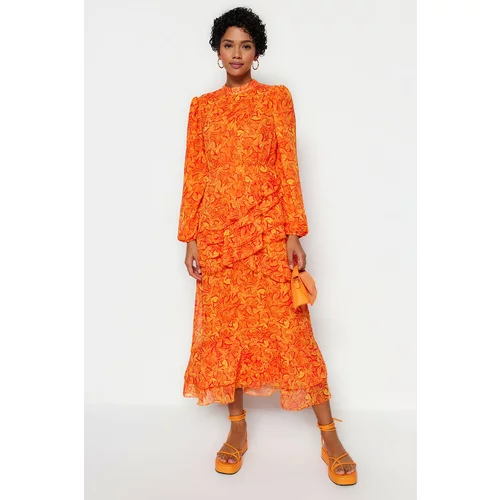 Trendyol Frill Lined Woven Chiffon Dress With An Orange Floral Skirt