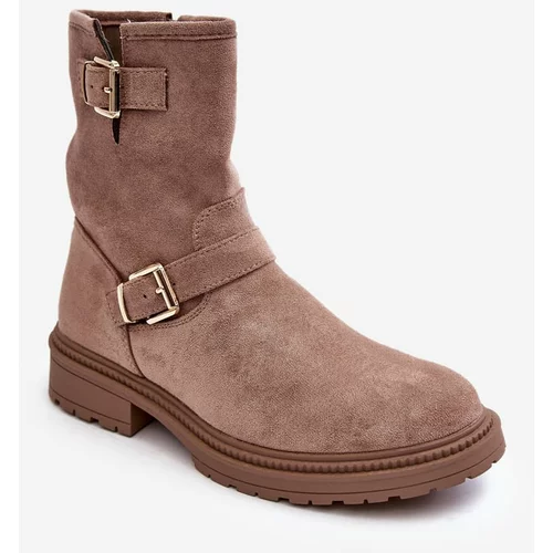 Kesi Women's flat heel boots with buckles, dark beige Bliggore