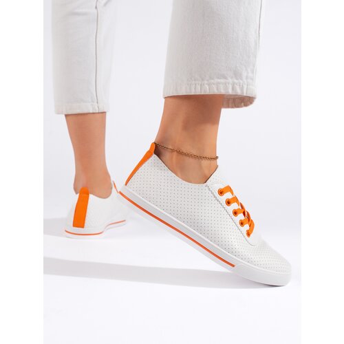 Shelvt White women's sneakers with orange laces Cene