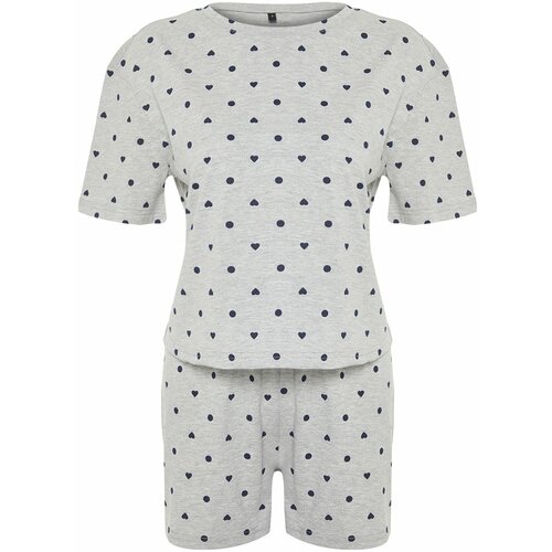 Trendyol Gray Melange 100% Cotton Heart Patterned T-shirt-Shorts Knitted Pajamas Set Cene