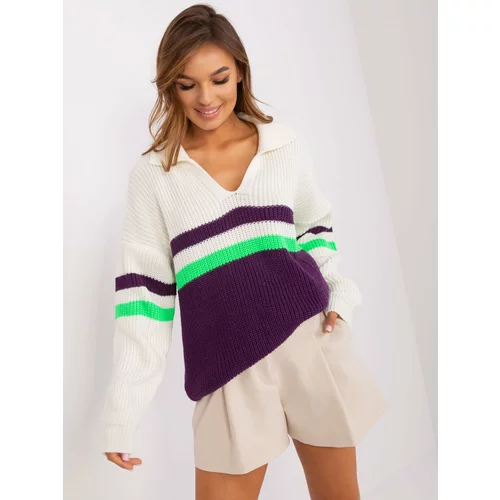Fashion Hunters Ecru-dark purple oversize sweater with wool