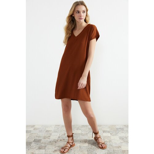 Trendyol Tile Wrap/Textured V-Neck Shift/Plain Mini Knitted Mini Dress Slike