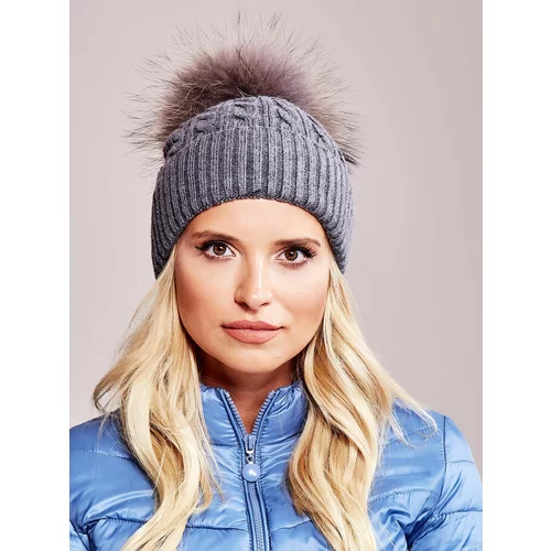 Fashion Hunters Knitted cap with fur pompom, dark gray
