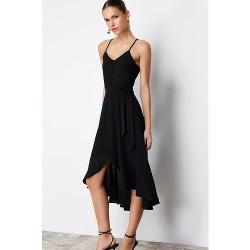 Trendyol Black Belted A-Line/Bell Form Flounce Detailed Woven Dress