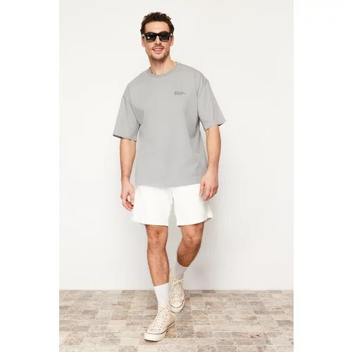 Trendyol Gray Men's Oversize 100% Cotton Crew Neck Minimal Text Printed T-Shirt
