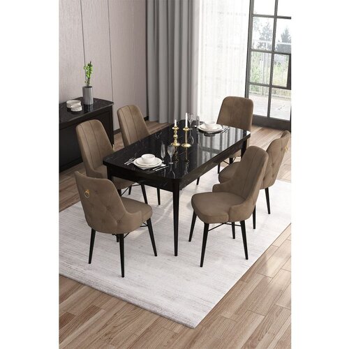 Hanah home Are - Black Marble, Brown Black MarbleBrown Extendable Dining Table & Chairs Set (7 Pieces) Cene