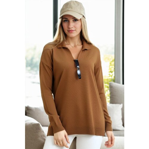 Dewberry 83295 Polo Neck Long Sleeve Slit Sweater-BROWN Slike