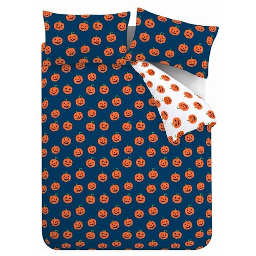 Catherine Lansfield Modra/oranžna podaljšana posteljnina za zakonsko posteljo 230x220 cm Halloween Pumpkins – Cene