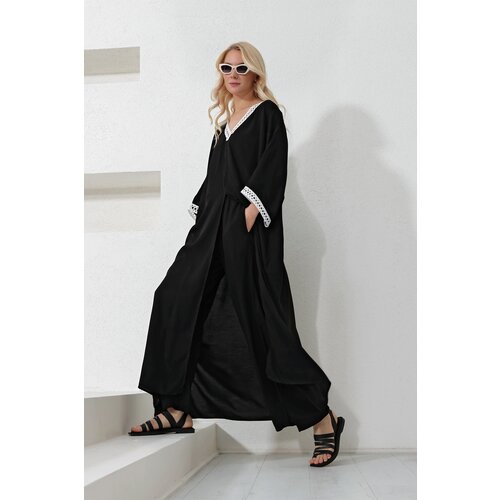 Trend Alaçatı Stili Women's Black Collar and Sleeves Laced Tunic and Trousers Top and Bottom Set Slike