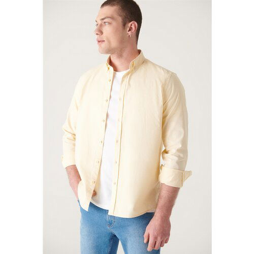 Avva Men's Light Yellow Oxford 100% Cotton Buttoned Collar Standard Fit Regular Fit Shirt Slike