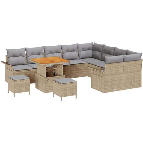  12-dijelni vrtni kauč set s jastučićima Bež poli ratan akacija  2-sjedalo vrtni kauč s pohranom &amp  jastučićima Bež poli ratan  3- Cijene