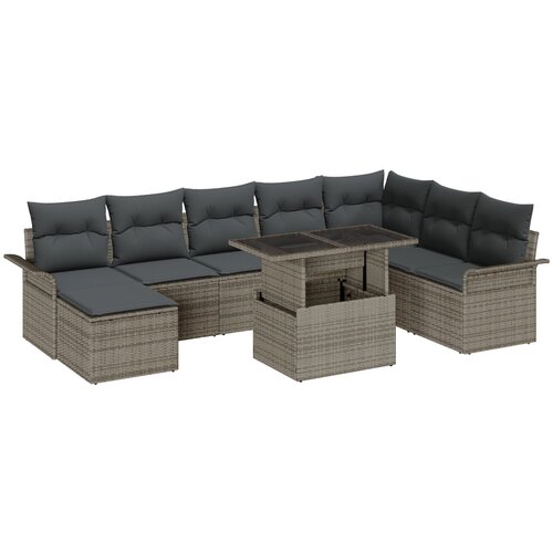 vidaXL 9-dijelni set sofe za vrt s jastučićima siva poli ratan, 2-sjedna vrtna sofa s pohranom i jastučićima siva poli ratan Cijene