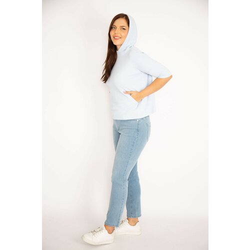 Şans Women's Plus Size Blue Hooded Kangaroo Pocket Sweatshirt Slike