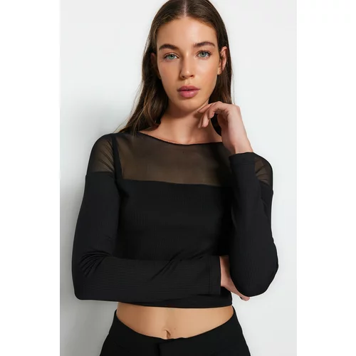 Trendyol Black Smart Tulle Detailed Slim Crop Crew Neck Ribbed Stretch Knitted Blouse