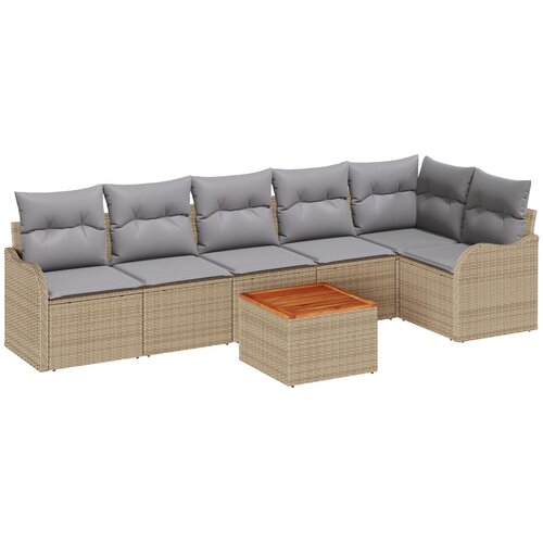 vidaXL 7-delni vrtni sofa set z blazinami Bež poli ratan akacija, 2-sedežna vrtna sofa s shrambo in blazinami Bež poli ratan Cene