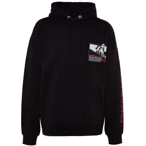 Trendyol Black Men&amp;#039;s Oversized Hooded Fluffy Ski Printed Pile Cotton Sweatshirt, with a soft interior. Slike