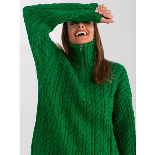 Fashion Hunters Green long sweater with cables and zipper